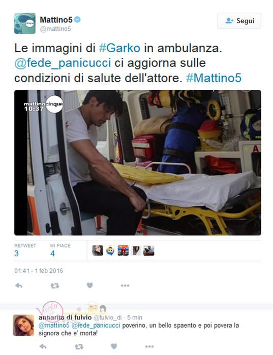 Ciao, abbiamo incorporato un tweet di Mattino 5 in cui si vede Garko in ambulanza. Potreste ritagliarcelo per l?apertura lasciando il logo mattino5? Grazie, Enrica